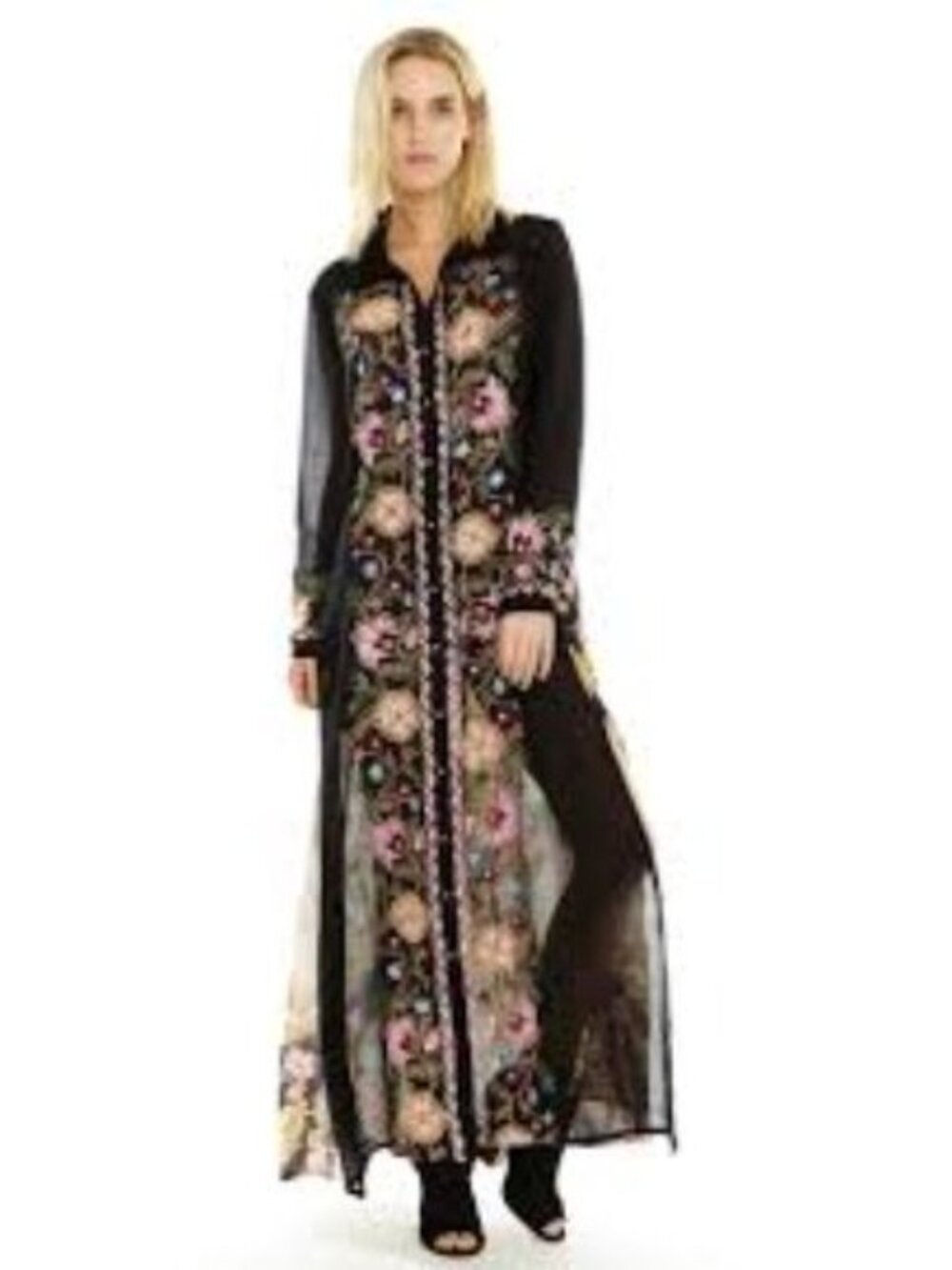 NWT Aratta Floral Embroidered Black Maxi Long Sheer Kimono M Duster Dress